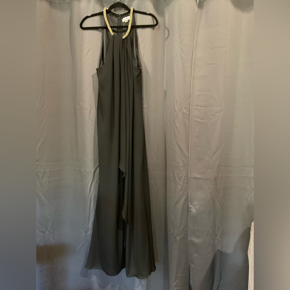 Calvin Klein Black Evening Gown with Gold Beaded Halter neckline.  Size 14.